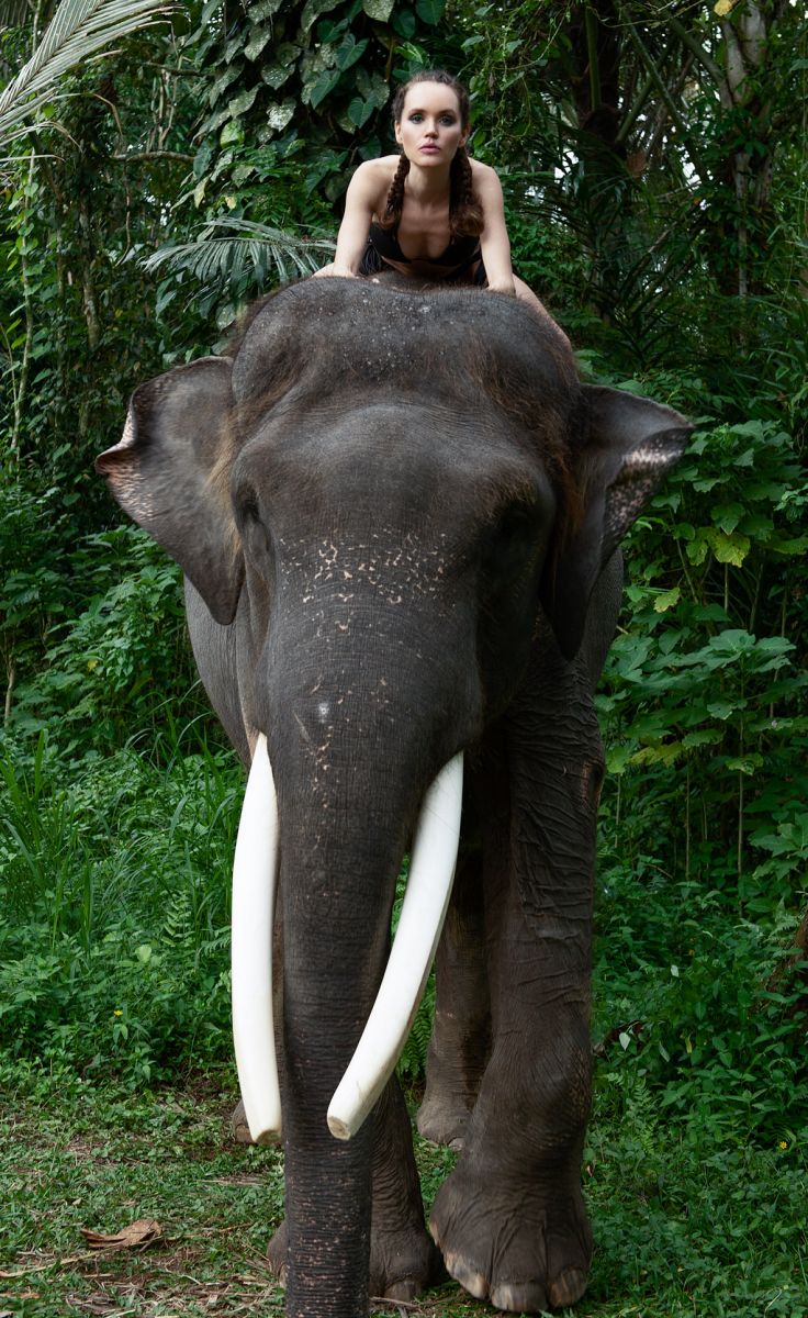 Balistarz-model-Natalie-Brhel-portrait-jungle-shoot-riding-an-elephant