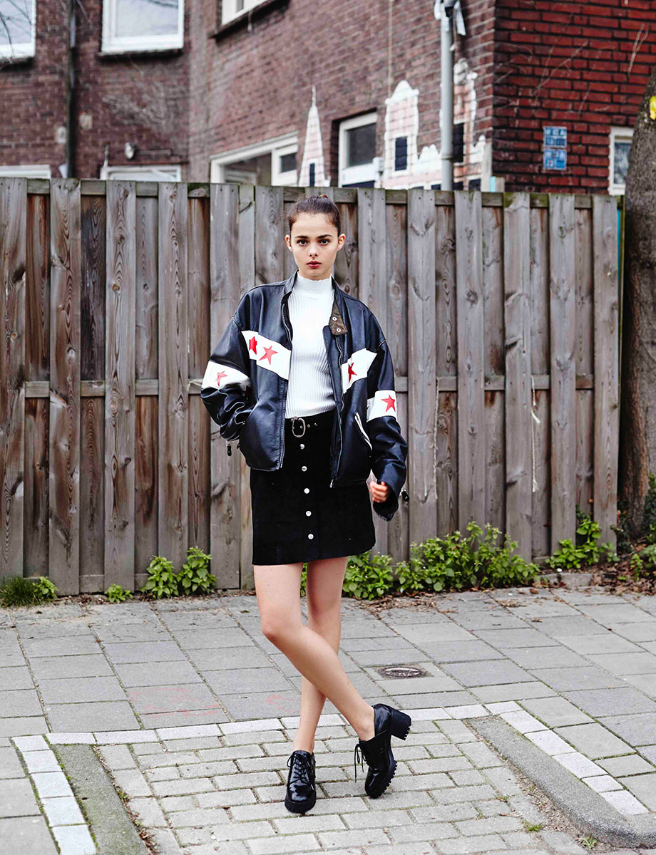 Balistarz-model-Famke-Van-Hagen-stylish-fashion-dress-black-skirt-and-stars-jacket