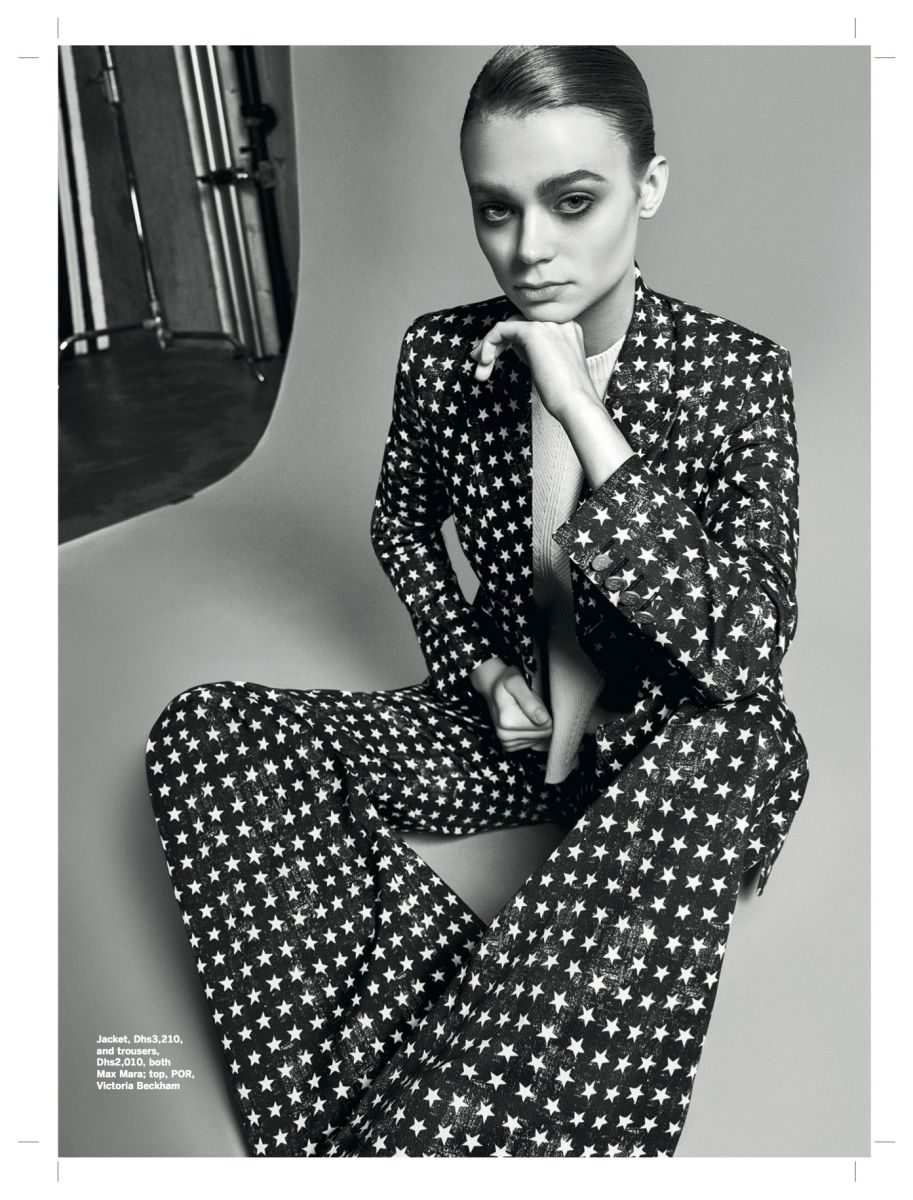 Balistarz-model-Polina-Batychek-black-and-white-fashion-shoot-wearing-star-patterned-dress