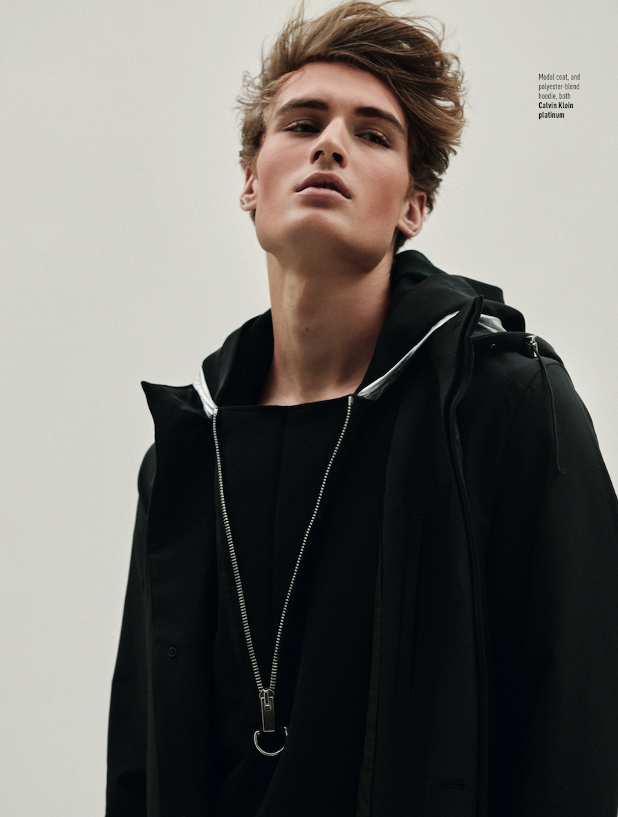 Balistarz-model-Reuben-Mckechnie-black-coat-with-hoodie-platnium-Calvin-Klein