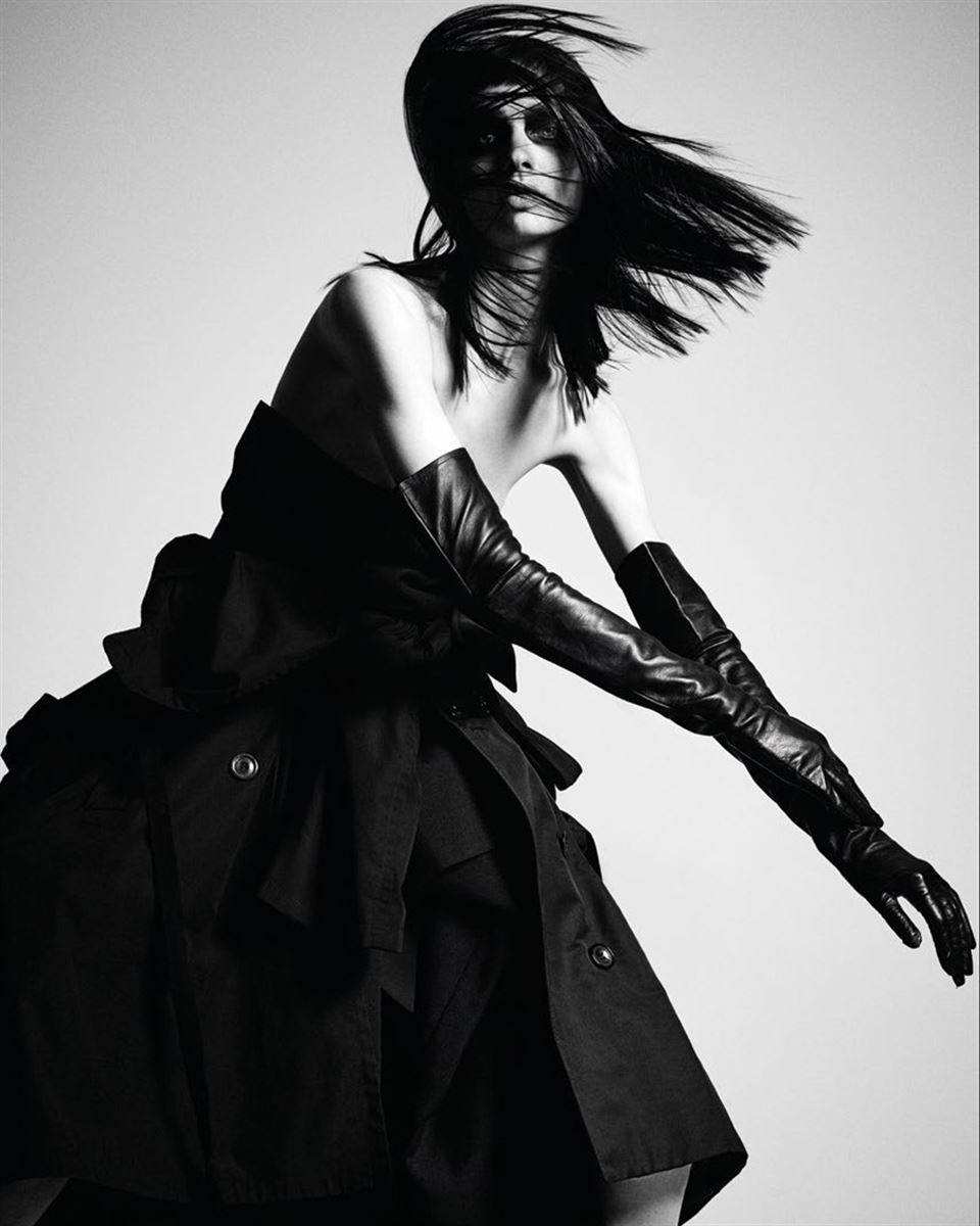 Balistarz-model-Tina-Veshagura-black-and-white-shoot-in-a-dress-and-gloves